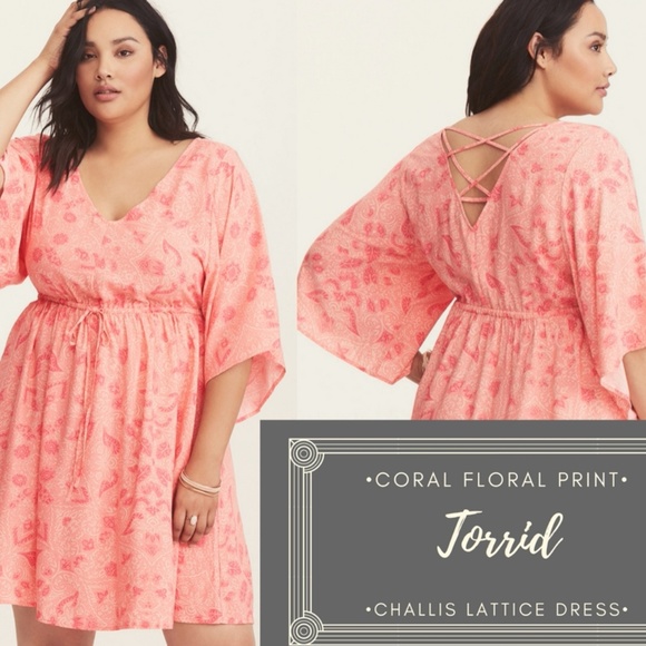 NWOTs Torrid Coral Floral Print Challis Lattice bk - Picture 2 of 7